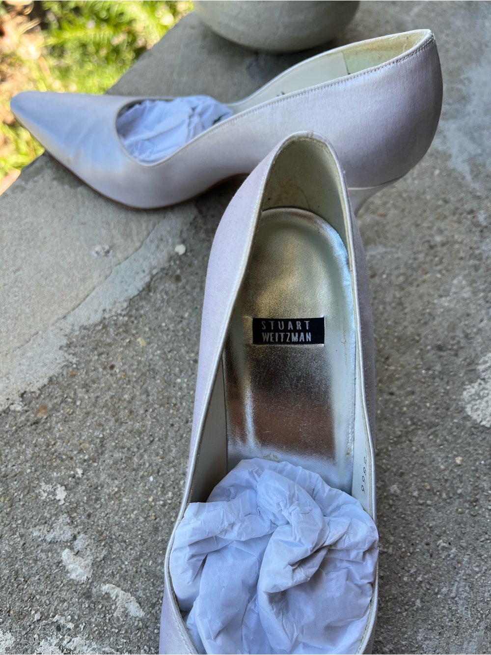 Stuart Weitzman Satin Pointed-Toe Pumps in Pearl - Picture 7 of 9